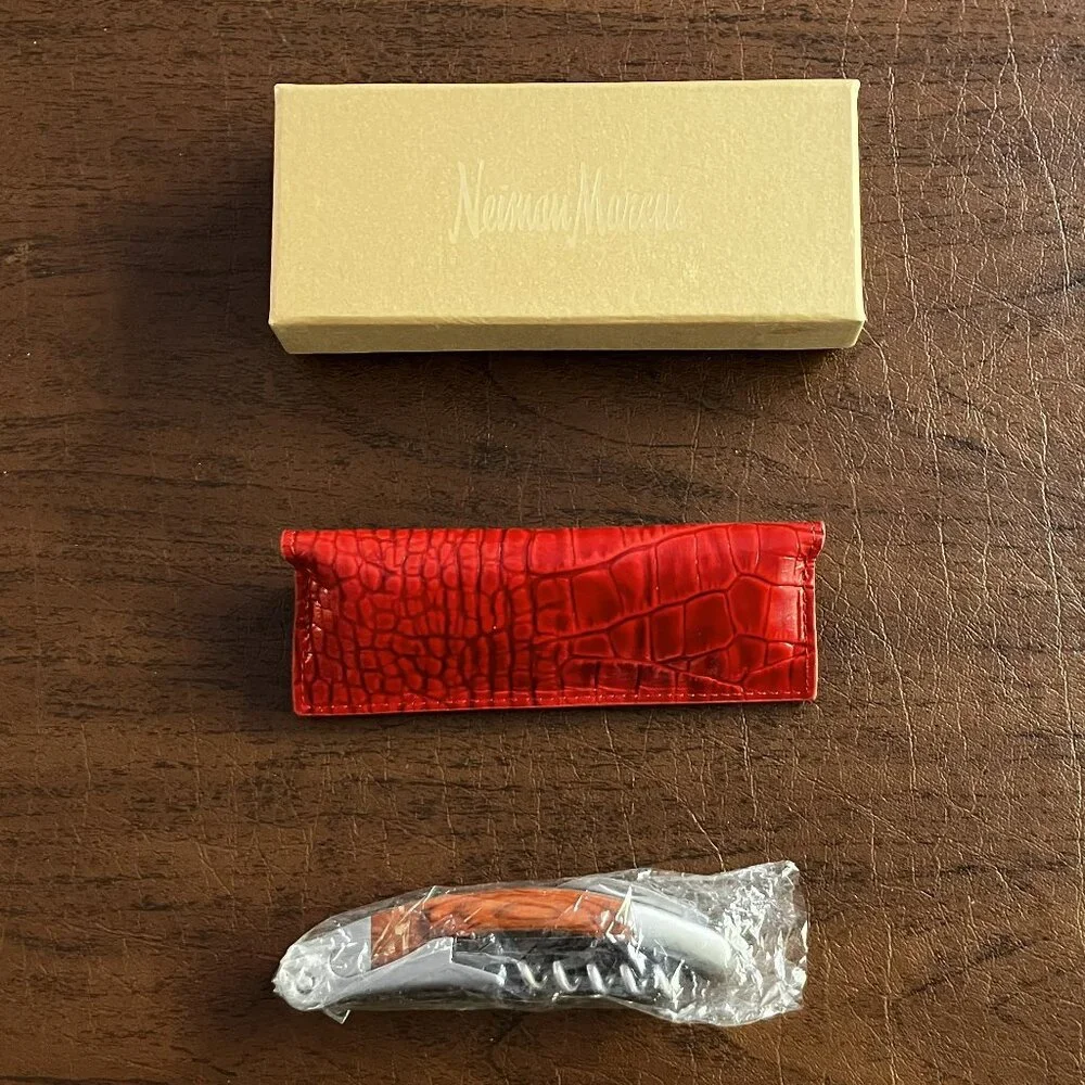 NIB Neiman Marcus Corkscrew and Bottle Opener in Red Leather Case